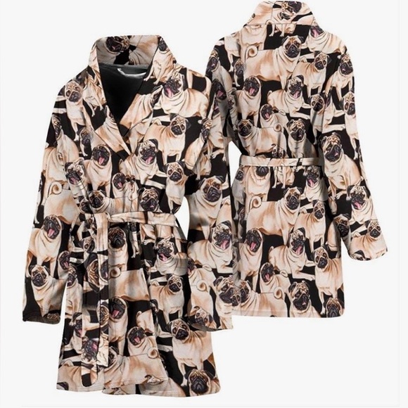 PUG Print Adorable Long Adult Comfy Bath Robe with Belt & Front Pockets Sz OS - Picture 2 of 14
